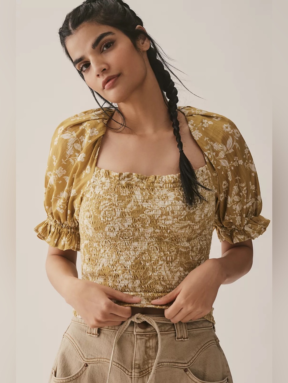 Anthropologie Mustard Yellow Floral Smocked Puff Sleeve Top Medium Blouse